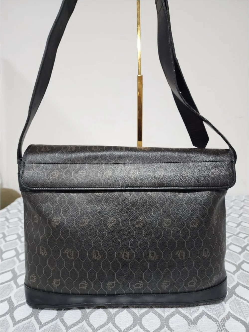 Christian Dior Vintage Honeycomb Canvas Messenger Bag Black